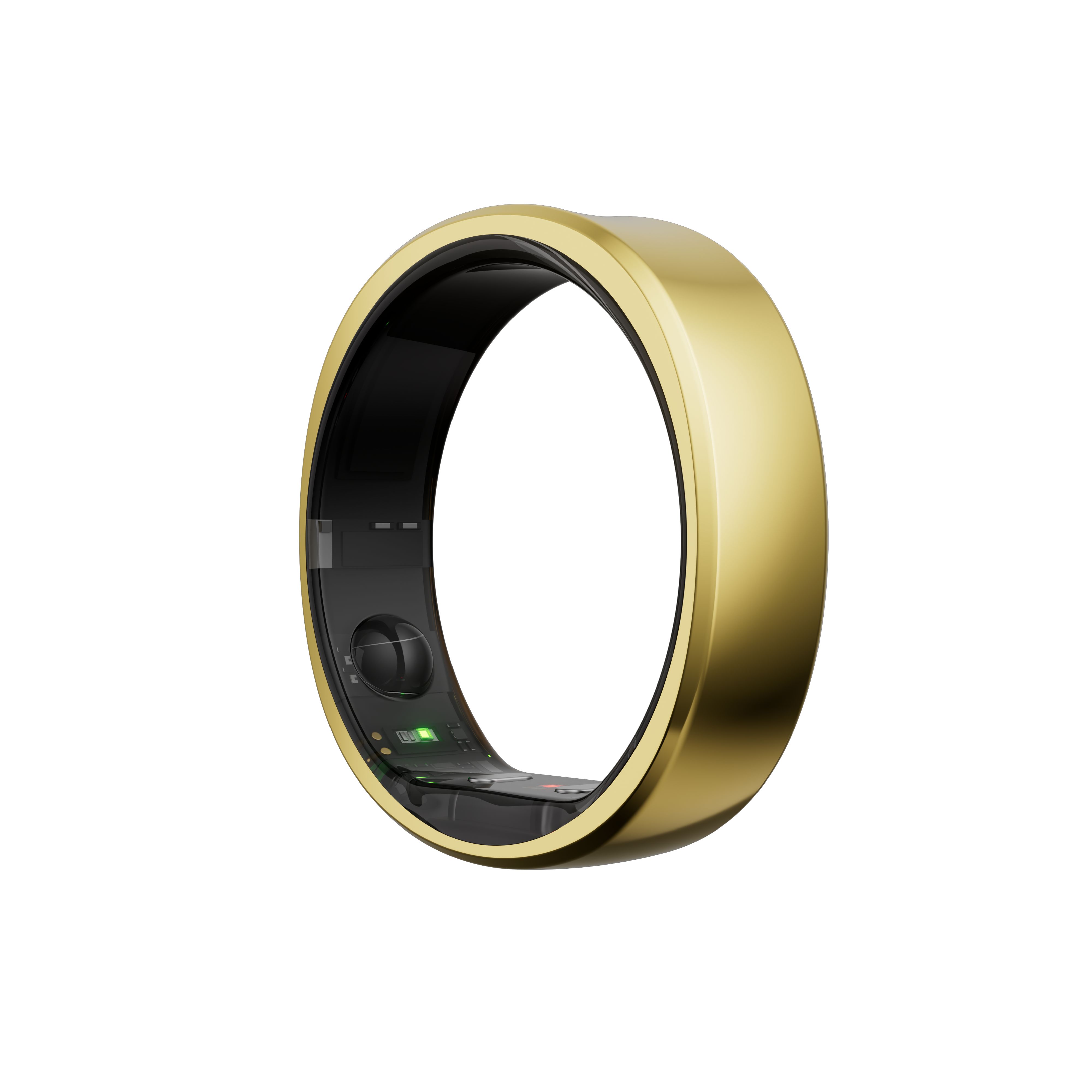 Goldener Ring mit schwarzem Innenband. Das Band hat Sensoren und LEDs. Das Design ist minimalistisch.