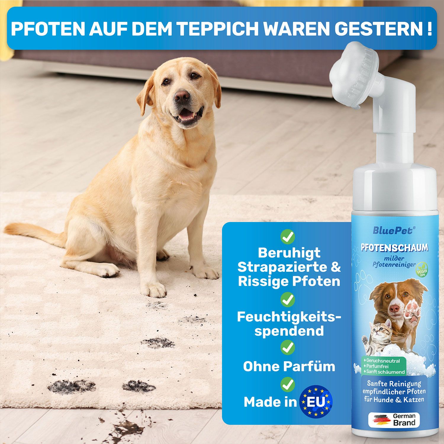 BluePet Pfotenschaum sanfter Pfotenreiniger für Hunde & Katzen