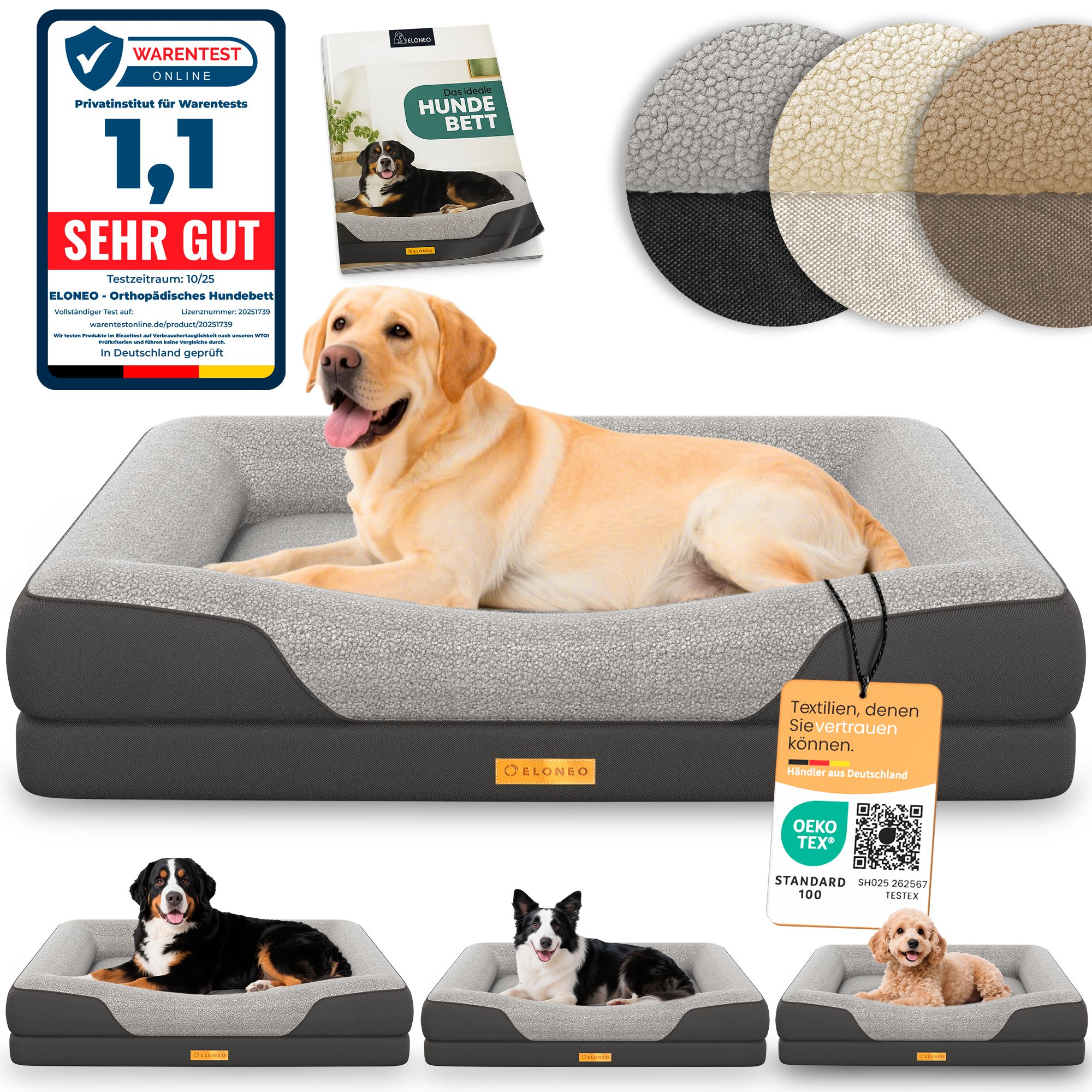 Hundebett mit Hund. Sehr gut bewertet. Oeko-Tex-Zertifikat. Drei Farbmuster. Hunde verschiedener Rassen auf Betten.