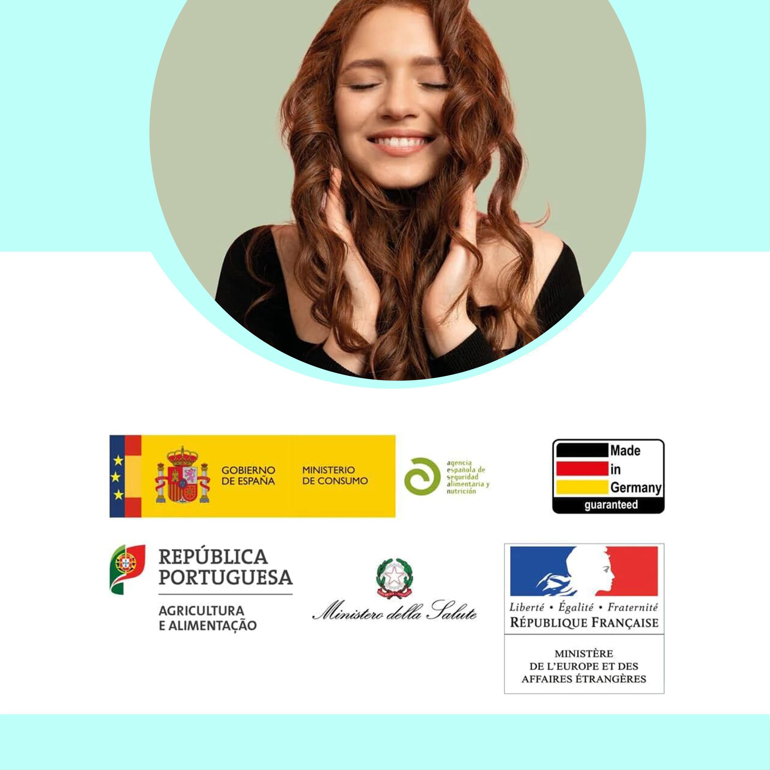 Frau mit langen Haaren und Logos von Gesundheitsministerien verschiedener europäischer Länder.