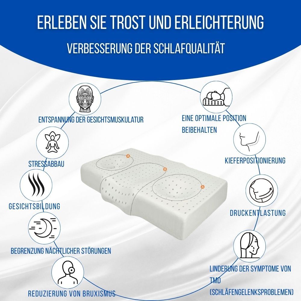 Ergonomisches Kissen mit Diagramm. Entspannung der Gesichtsmuskulatur, Stressabbau, etc. Verschiedene Symbole.