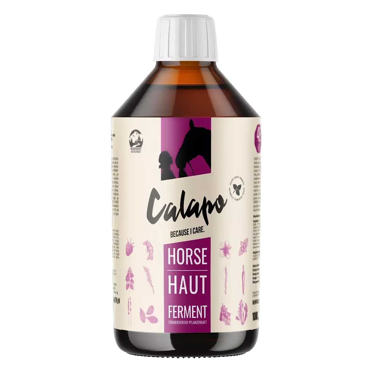 Braune Flasche mit weißem Deckel. Aufschrift: Calapo, Horse Haut Ferment. Etikett mit Illustrationen und Logo.
