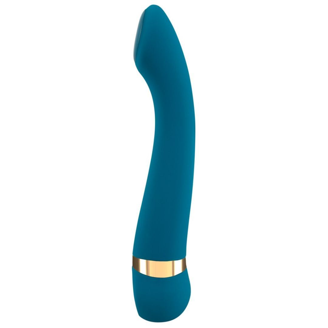 Türkisfarbener Vibrator mit goldfarbenem Ring. Gebogene Form, abgerundete Spitze.