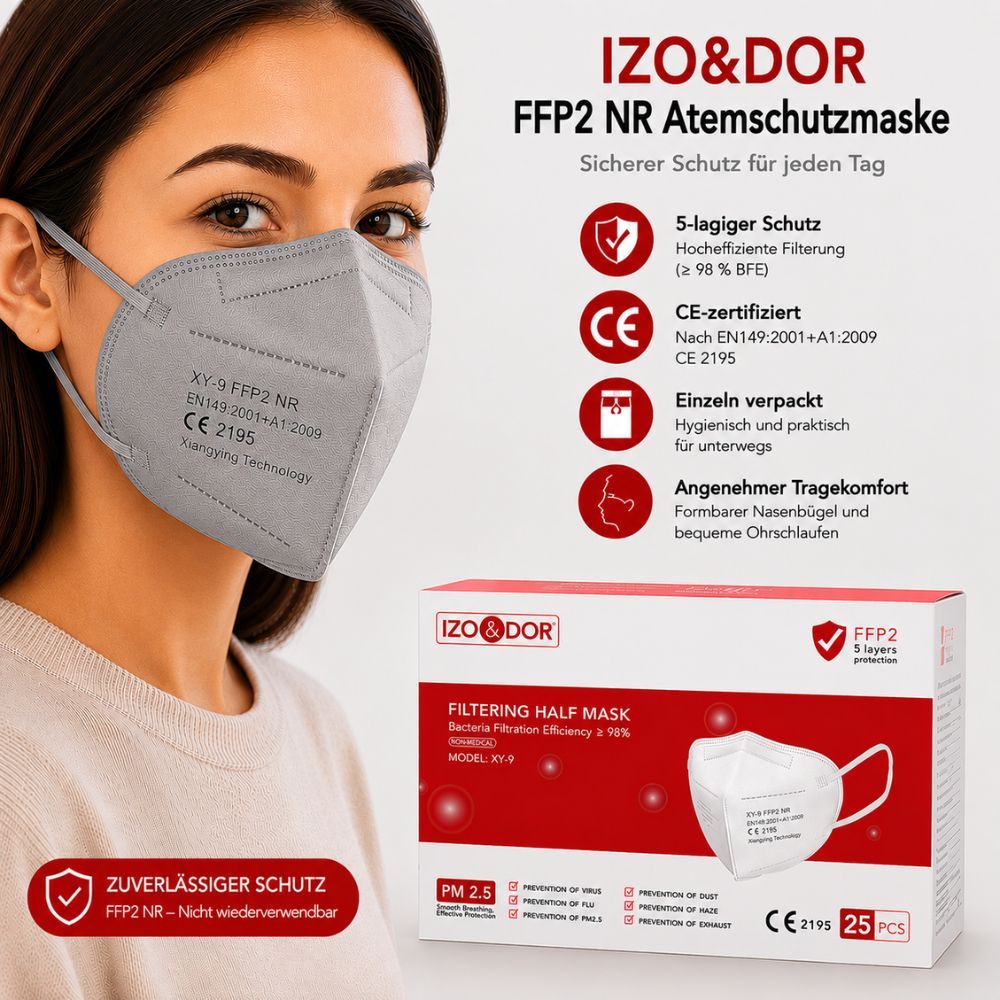 Graue FFP2 NR Atemschutzmaske mit Ohrschlaufen, getragen von einer Person.