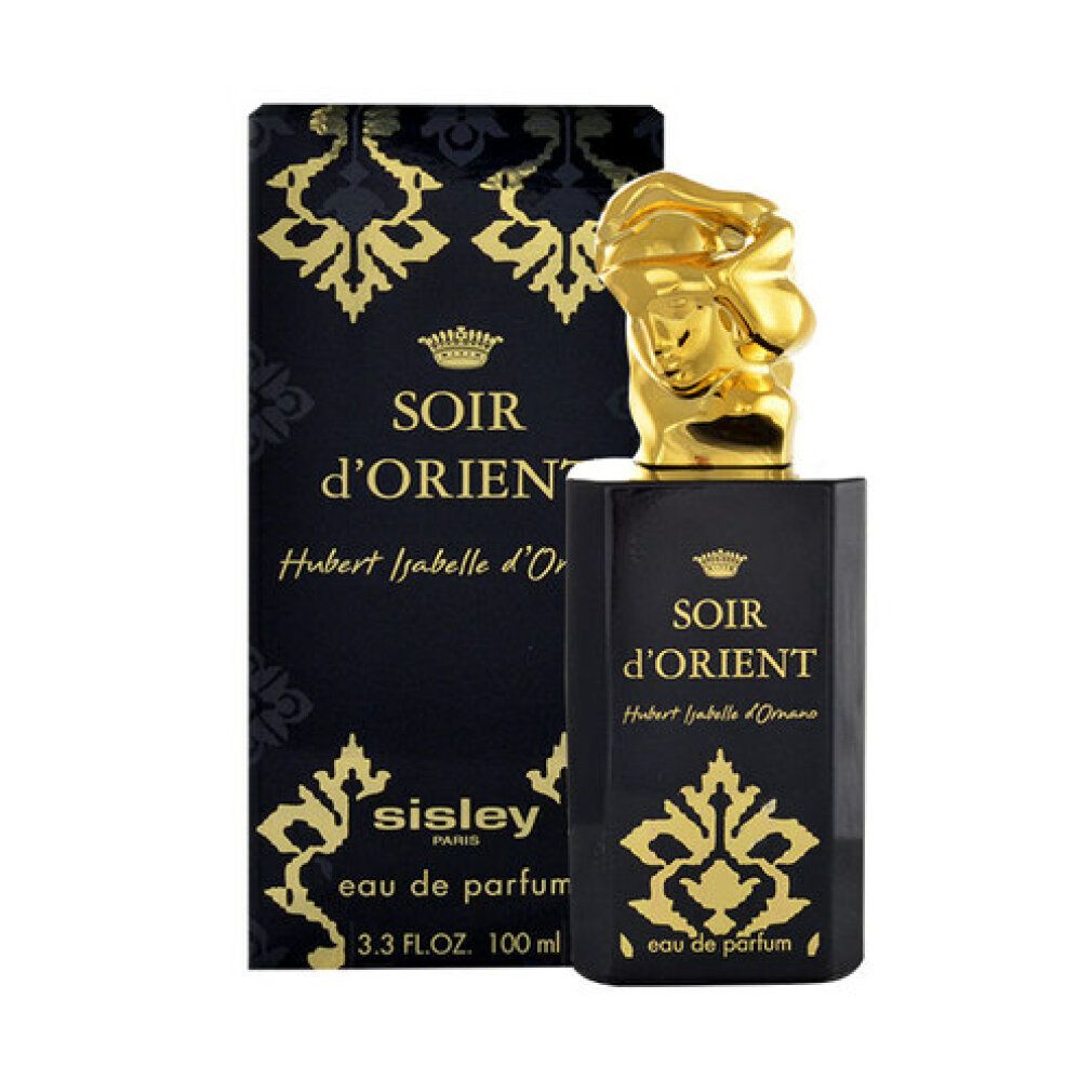 Flakon und Verpackung. Schwarzer Flakon mit goldenem Kopfaufsatz. Verpackung mit goldenen Ornamenten. Aufschrift: Soir d'Orient, Eau de Parfum. Sisley.