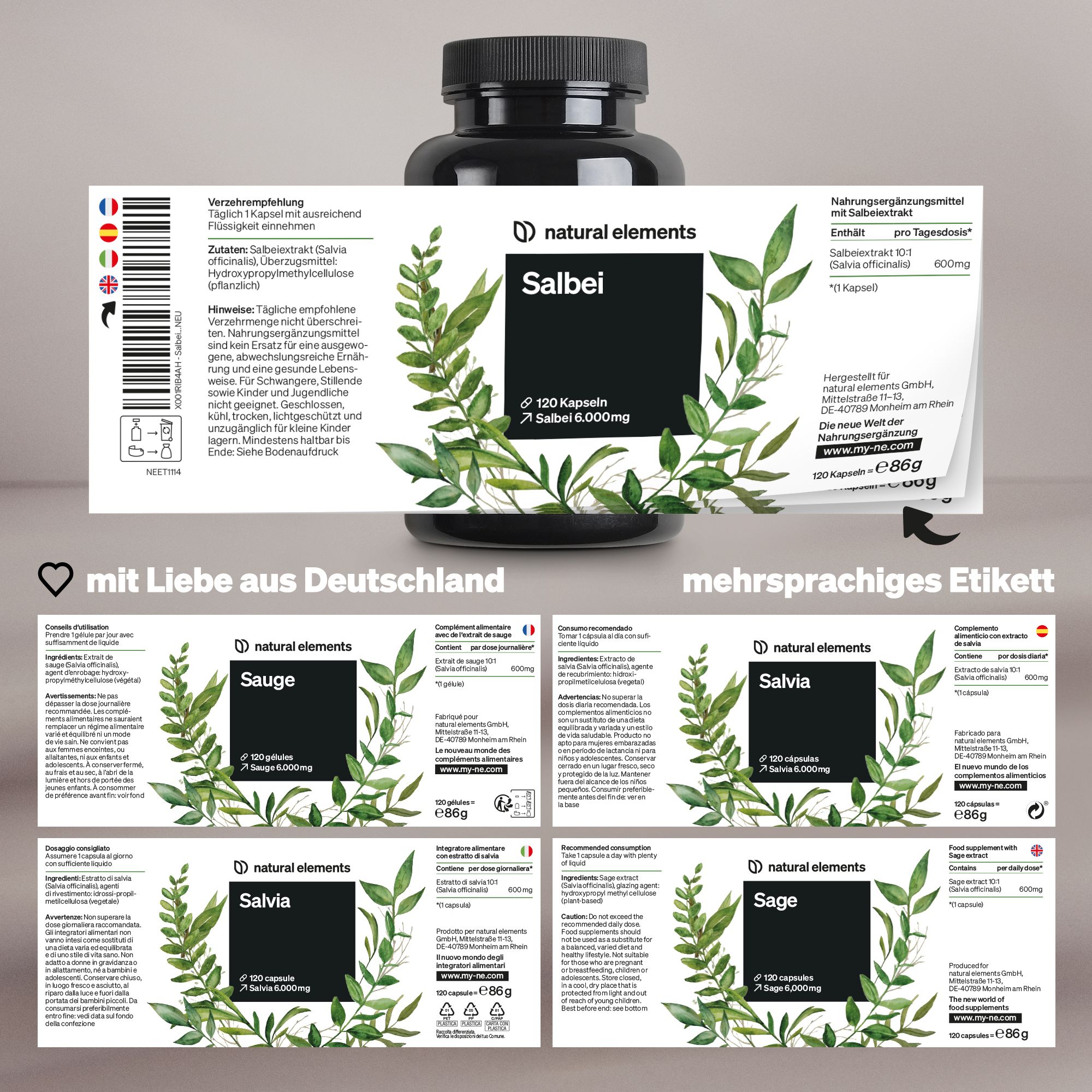 natural elements Salbei – 120 Kapseln – 6000mg pro Tagesdosis – Salbei Extrakt 10:1