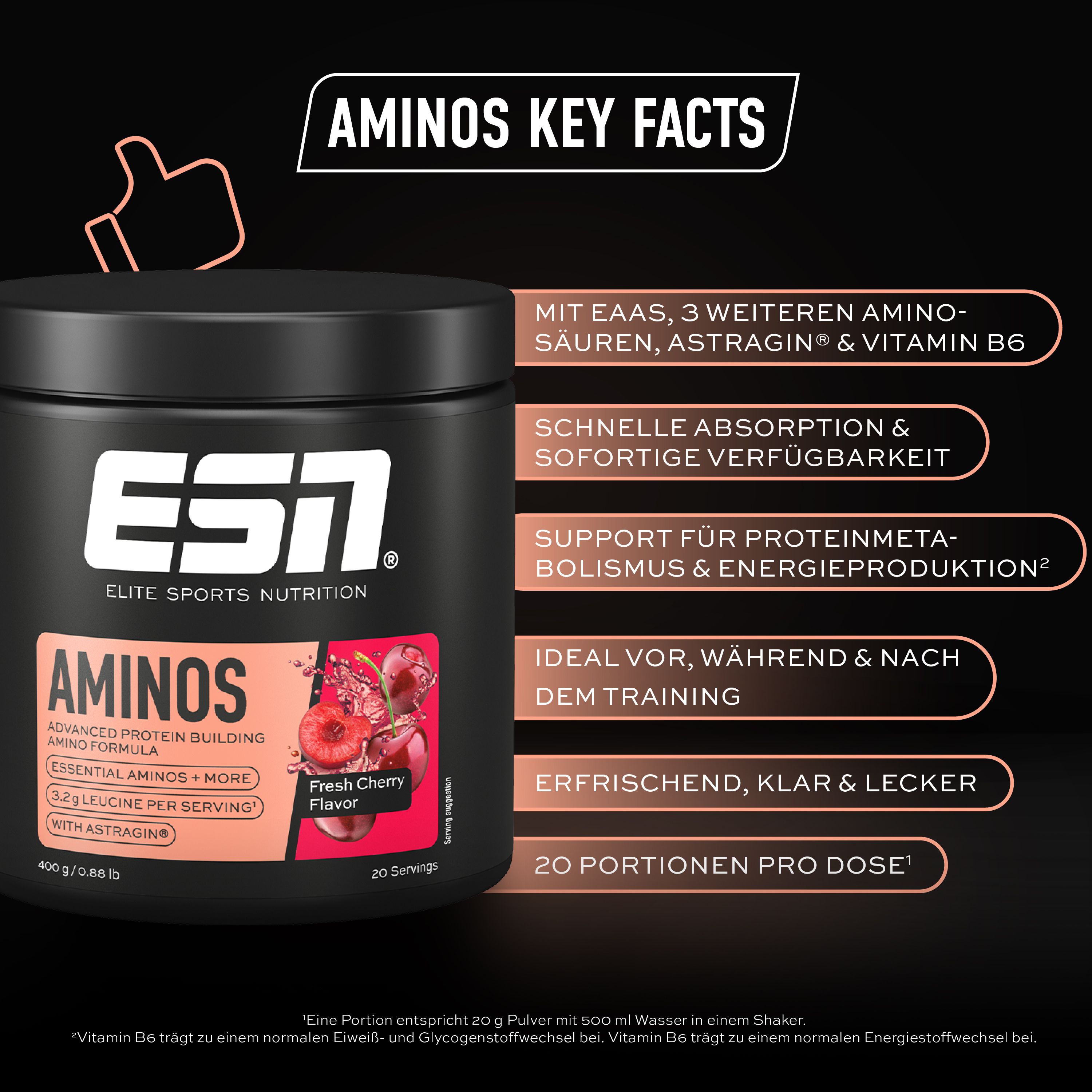 ESN Aminos-Behälter mit Text: Aminos Key Facts. Enthält EAAs, Aminosäuren, Astragin & Vitamin B6. 20 Portionen.