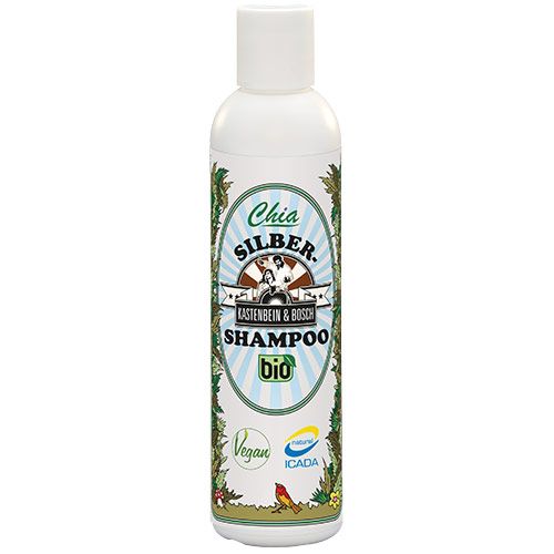 Weiße Flasche mit weißem Deckel. Aufkleber mit Text: Chia Silber Shampoo Bio, Vegan-Logo, ICADA-Siegel.