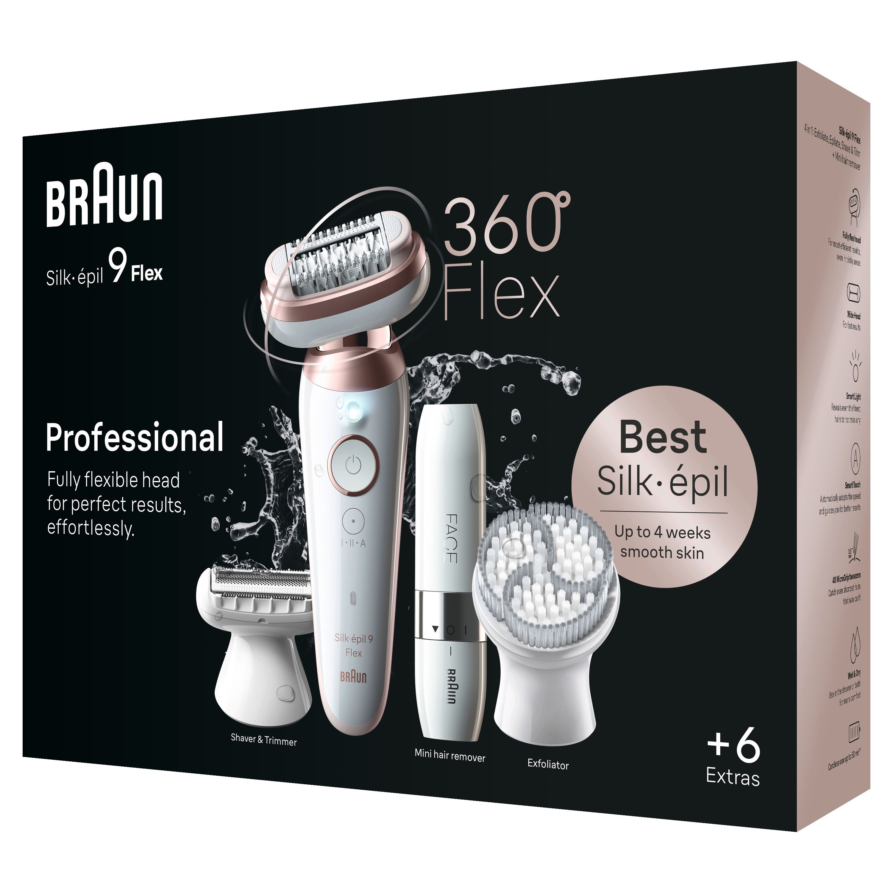 Verpackung mit Epilierer, weiß/rosa, und Zubehör. Produktname und Logo. Text: +6 Extras.