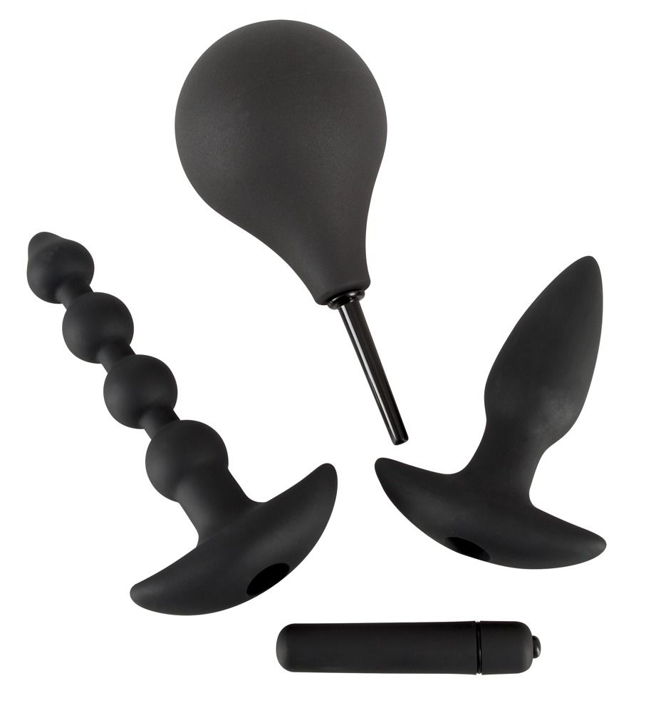 Schwarzes Anal-Kit. Enthält Douche, Perlen, Plug und Vibrationskugel. Einzelteile aus Silikon.