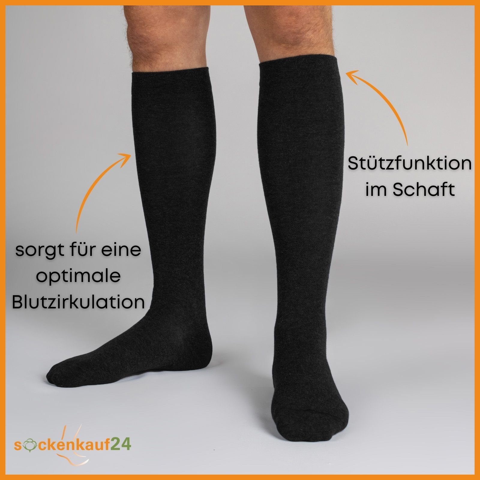 Person trägt schwarze Kniestrümpfe. Pfeile zeigen auf Stützfunktion und Blutzirkulation.