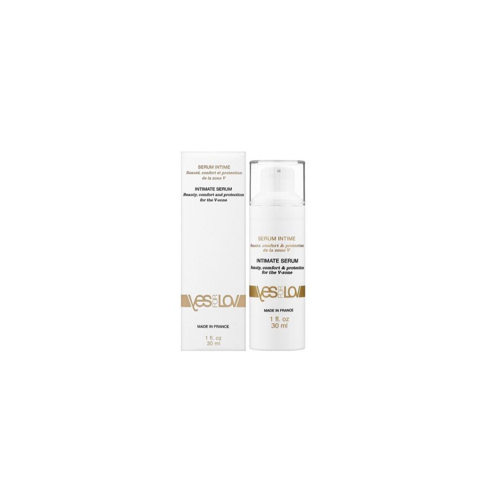 Weißes Serum und Verpackung. Beschriftung: Serum Intime, Intimate Serum, YESforLOV. 1 fl. oz. 30 ml. Hergestellt in Frankreich.