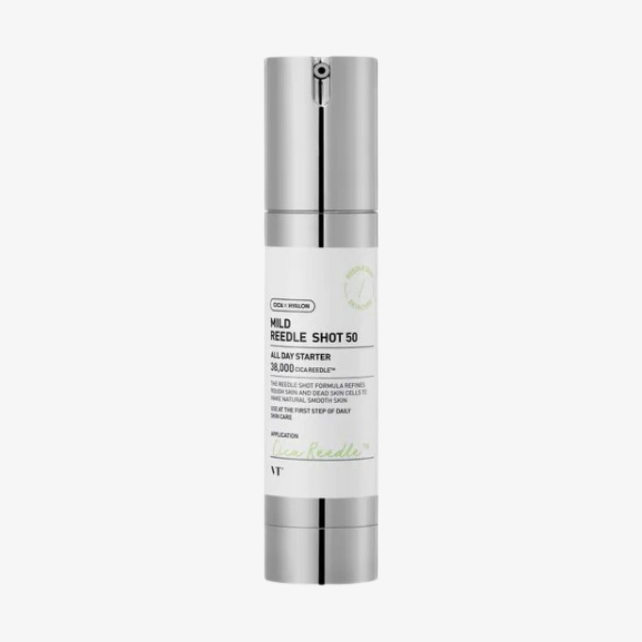 VT Cosmetics Reedle Shot 50 Spender mit silbernem Pumpverschluss und weißem Etikett.