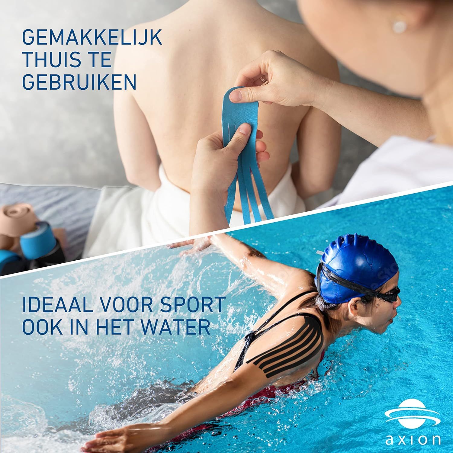 Blauwe kinesiotape op arm. Waterbestendig. Ademend. Huidvriendelijke lijm.