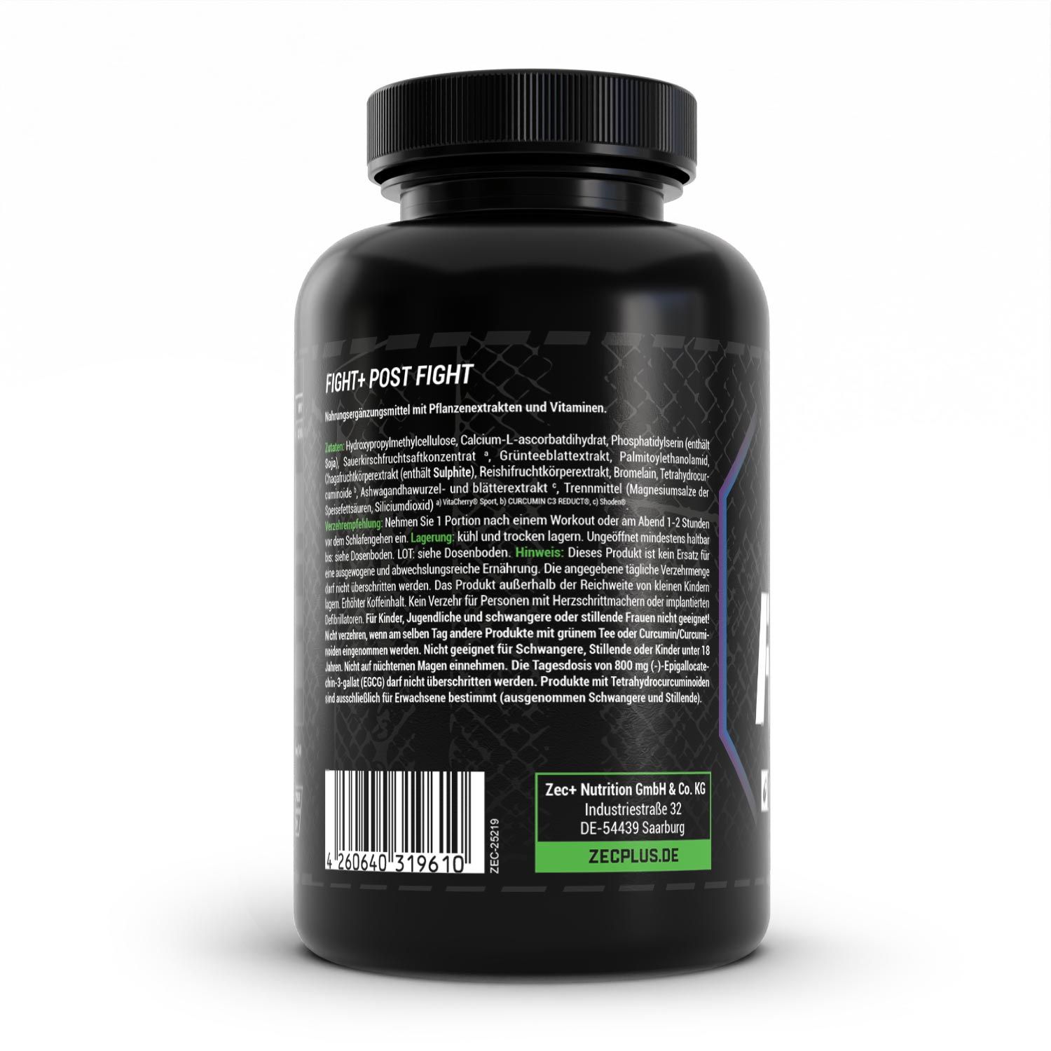 Schwarze Kapsel-Dose mit weißer Schrift. Text mit Produktinformationen. Herstelleradresse und Website.