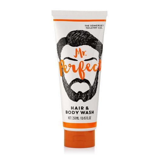 Tube mit Aufdruck eines Bartes und Schriftzug "Mr. Perfect". Orangefarbener Verschluss und Akzente. "Hair & Body Wash".