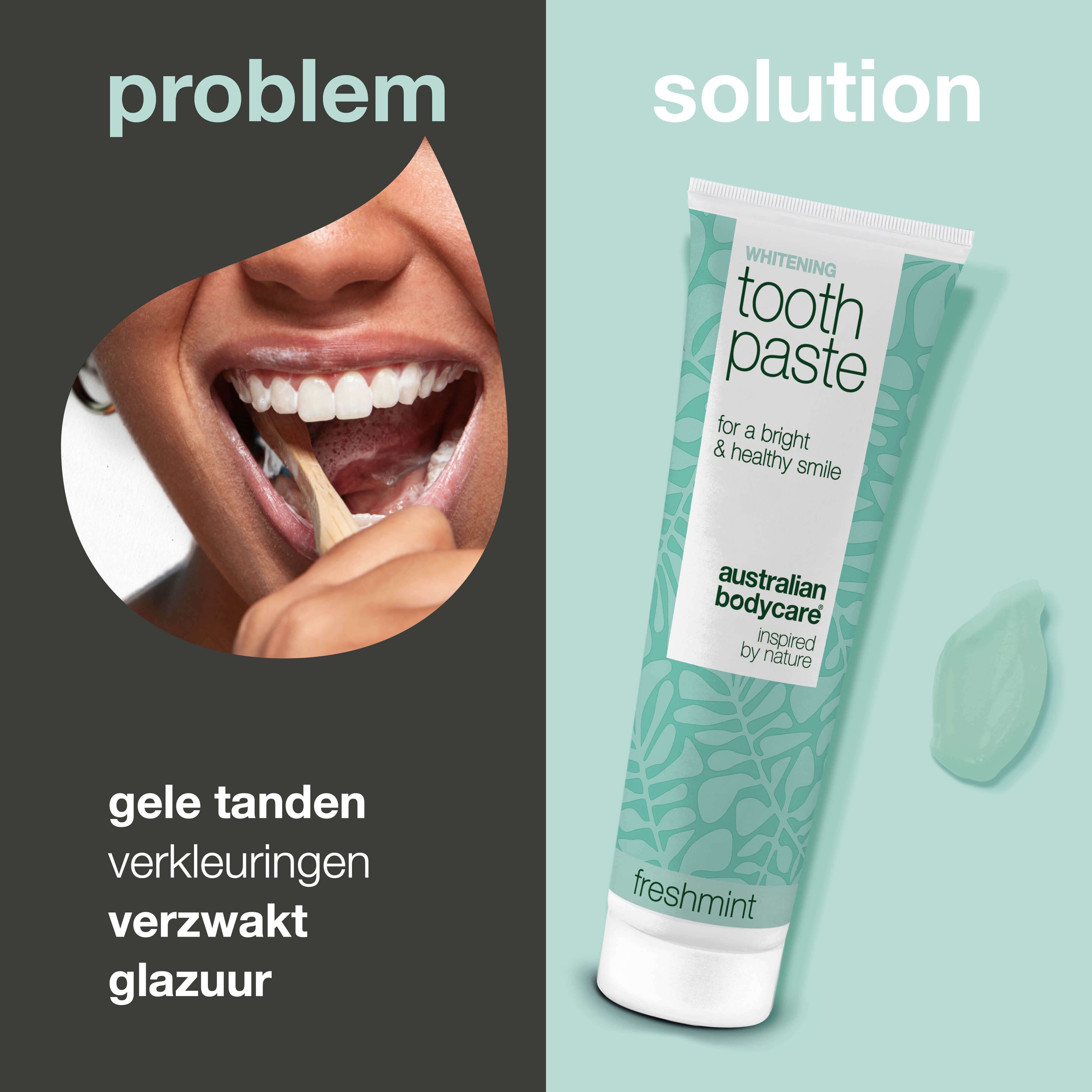 Tandpastatube naast afbeelding van tanden. Opschrift: Whitening Toothpaste, Australian Bodycare, Freshmint.