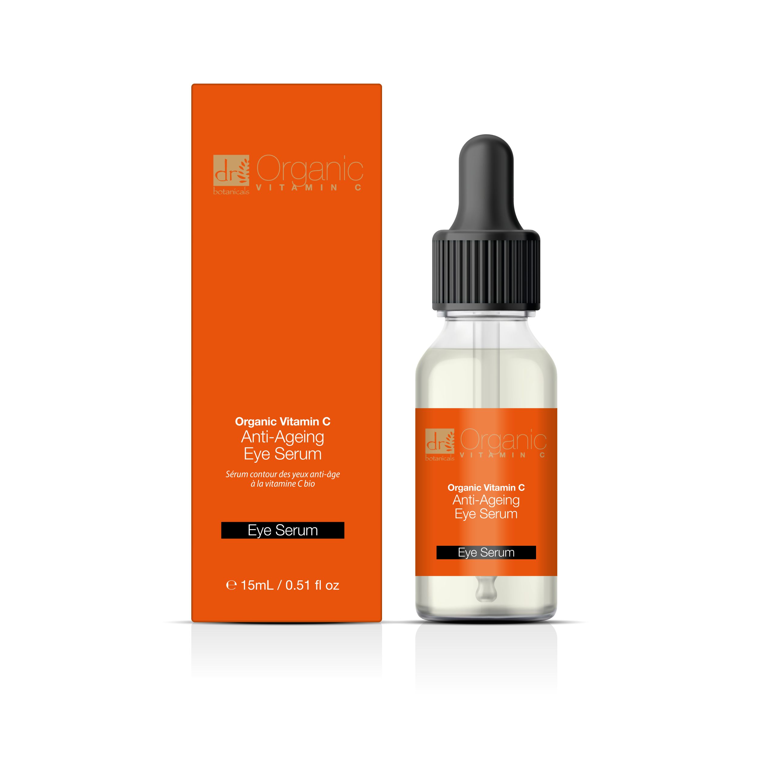Serumflasche mit Pipette und Verpackung. Orangefarbene Verpackung mit Produktinformationen. Flasche mit Serum, klare Flüssigkeit.