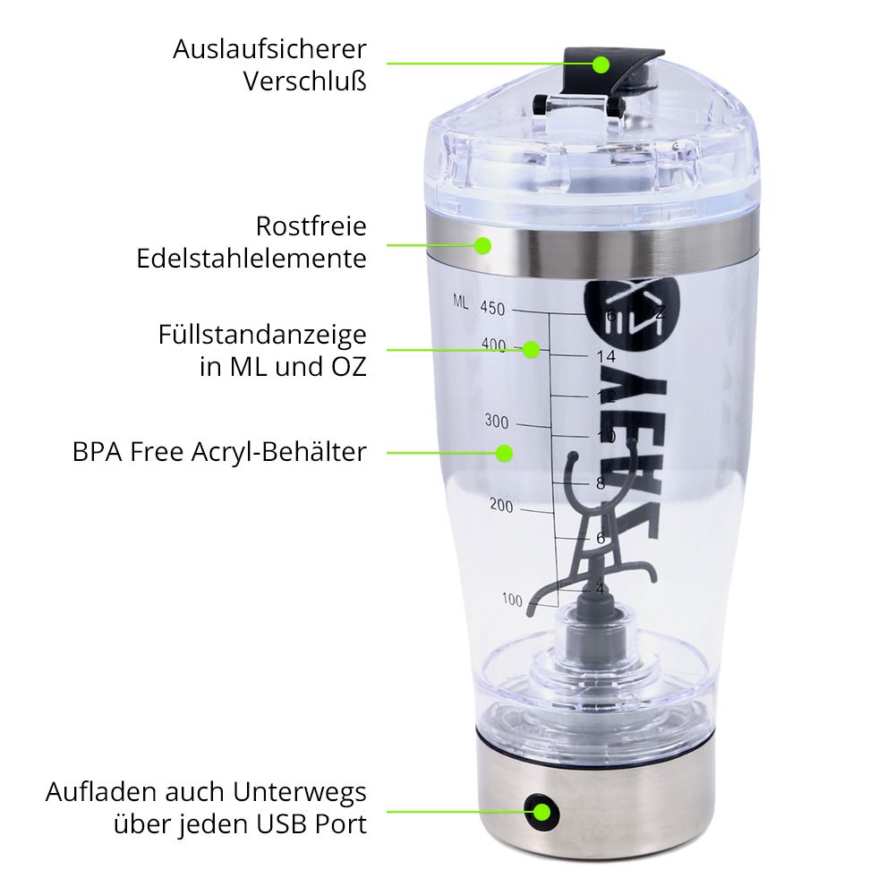Transparenter Mixer mit Beschriftungen: Füllstandanzeige, BPA-frei, rostfreie Elemente. Schwarzer Knopf. USB-Port.