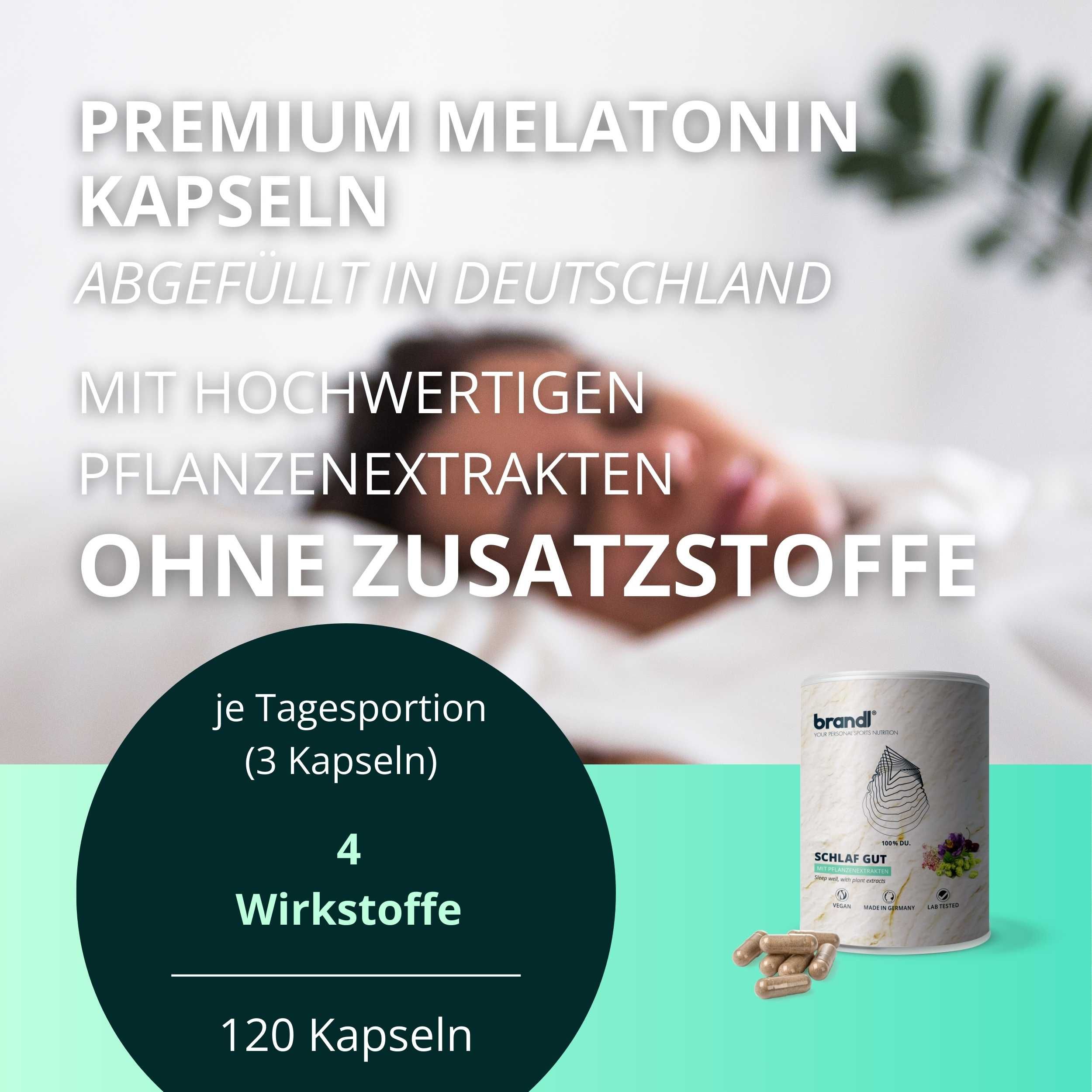 Dose brandl® Melatonin mit Kapseln, Text: Premium Melatonin Kapseln, 4 Wirkstoffe, 120 Kapseln, ohne Zusatzstoffe. 0,5 mg Melatonin.