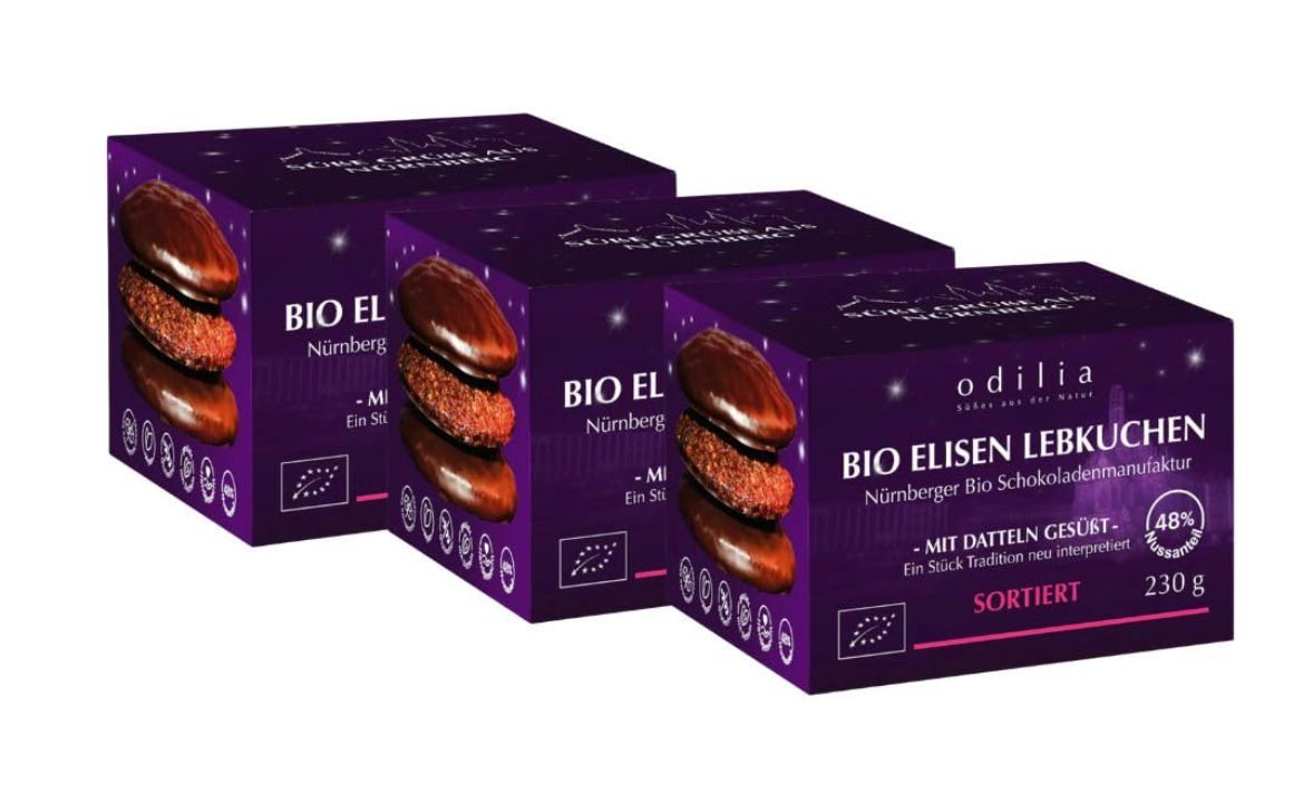 Drei Schachteln Odilia Bio Elisen Lebkuchen, sortiert.