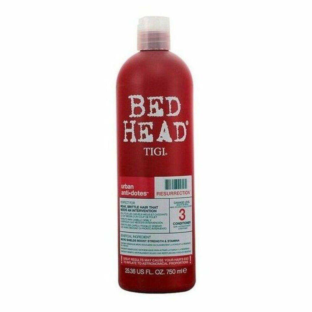 Rote Flasche mit weißem Deckel. Aufschrift: BED HEAD, TIGI, urban anti-dotes, RESURRECTION. Etikett mit Produktinformationen.