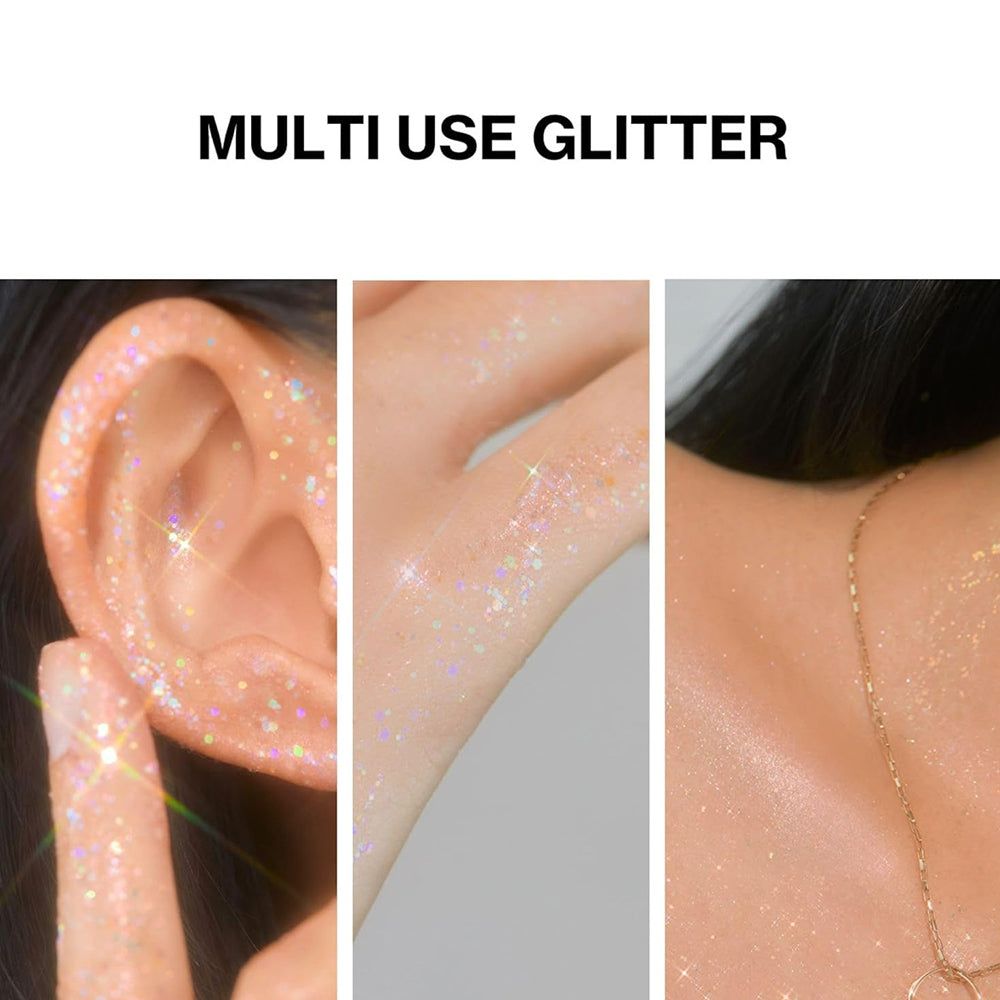 Glitzer auf Ohr, Hand und Schulter. Text: Multi Use Glitter.