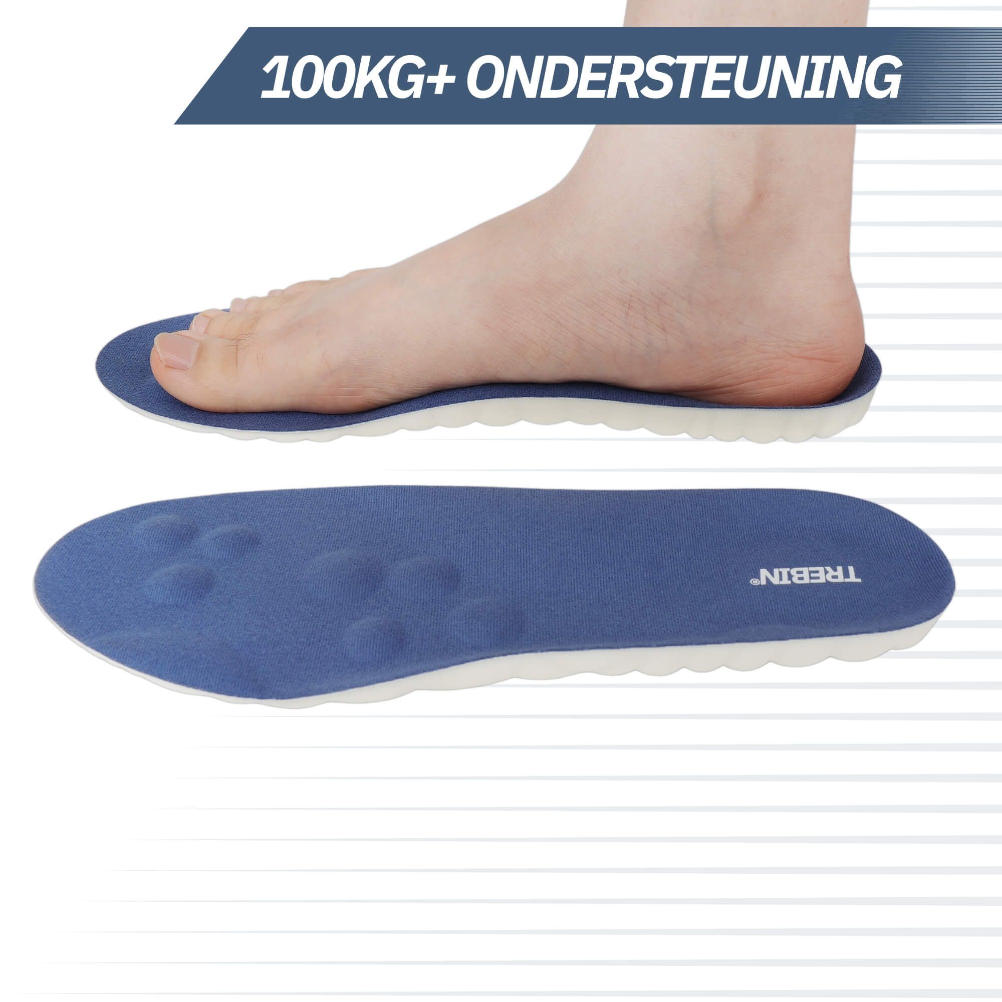 Blaue Einlegesohle mit Fußabdruck und Text '100KG+ UNTERSTÜTZUNG'.