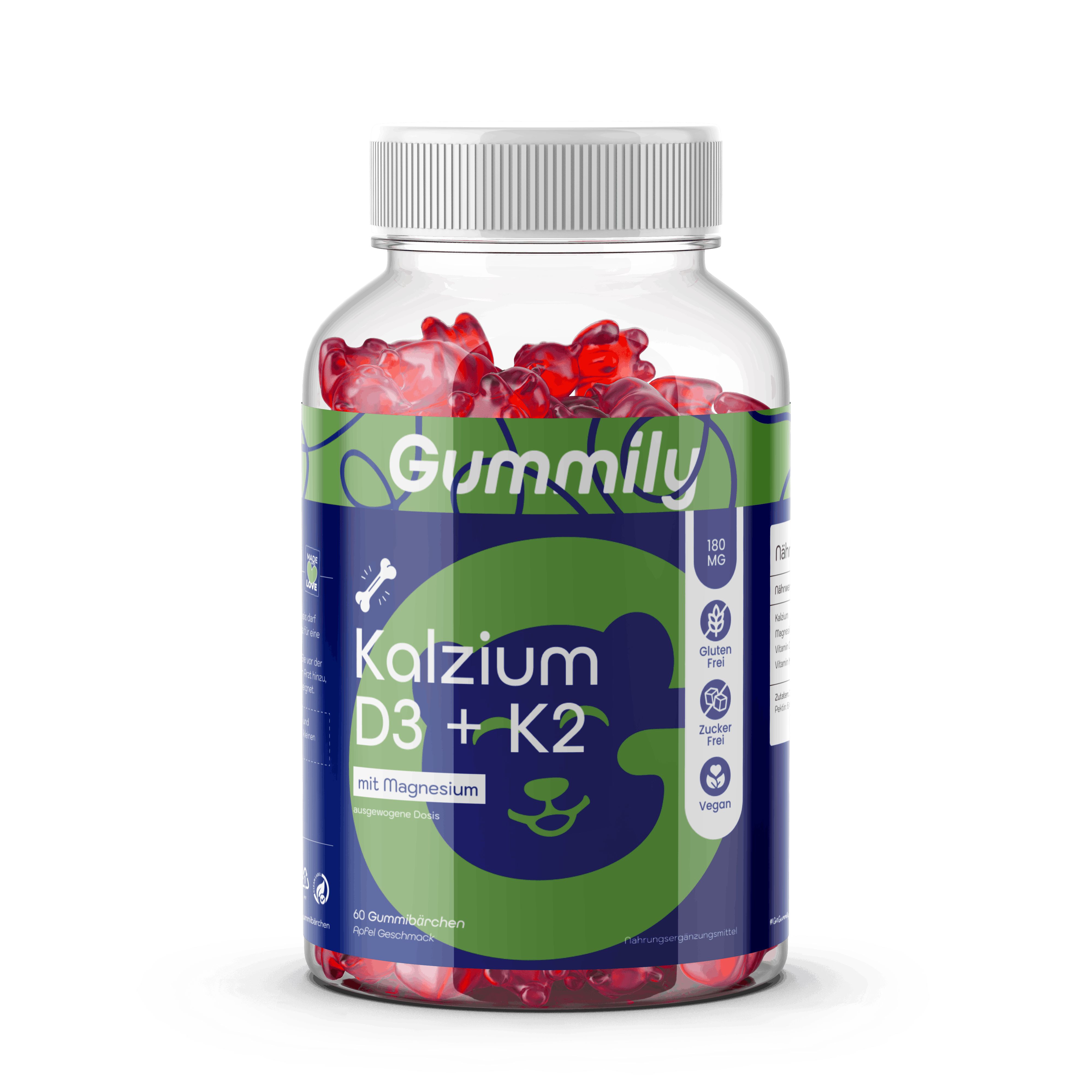 Gummily Kalzium D3+K2 Gummibärchen mit Magnesium in einem Glasbehälter.
