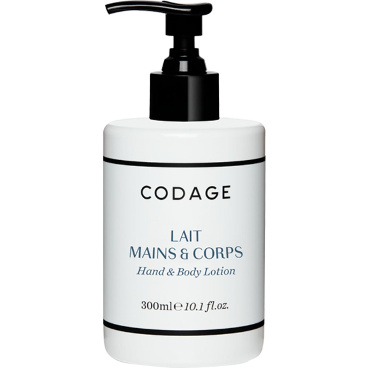 Weißer Spender mit schwarzem Pumpkopf. Aufschrift: CODAGE, LAIT MAINS & CORPS, Hand & Body Lotion. Volumen: 300ml.