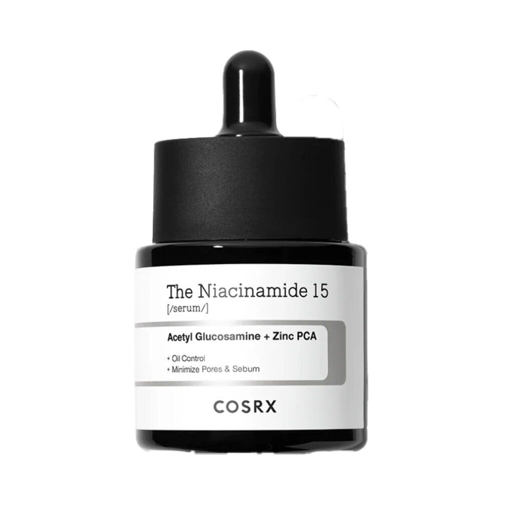 COSRX The Niacinamide 15 Serum Flasche mit Pipettenverschluss. Enthält Acetyl Glucosamin + Zink PCA.