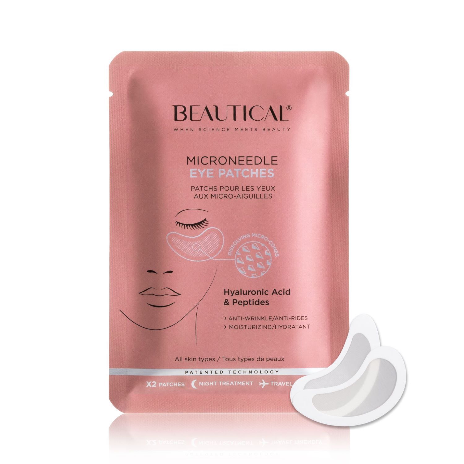 Rosa Verpackung mit BEAUTICAL Mikronadel-Augenpads. Zwei Pads liegen daneben. Text: Mikronadel-Augenpads, Hyaluronsäure & Peptide.