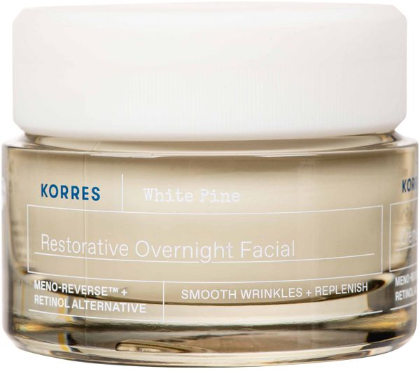 Glasbehälter mit weißem Deckel. Aufschrift: White Pine, Restorative Overnight Facial, Korres. Enthält 40 ml.