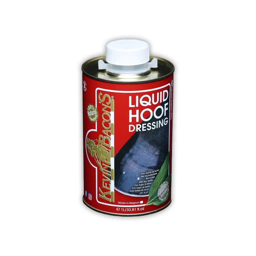 Runde Dose mit weißem Deckel. Aufschrift: Liquid Hoof Dressing. Marke: Kevin Bacon's. Roter Hintergrund, goldene Schrift.