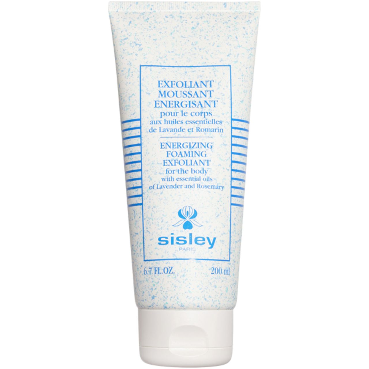 Weiß-blaue Tube mit Produktbezeichnung und Sisley-Logo. Text: Exfoliant Moussant Energisant. 200 ml.