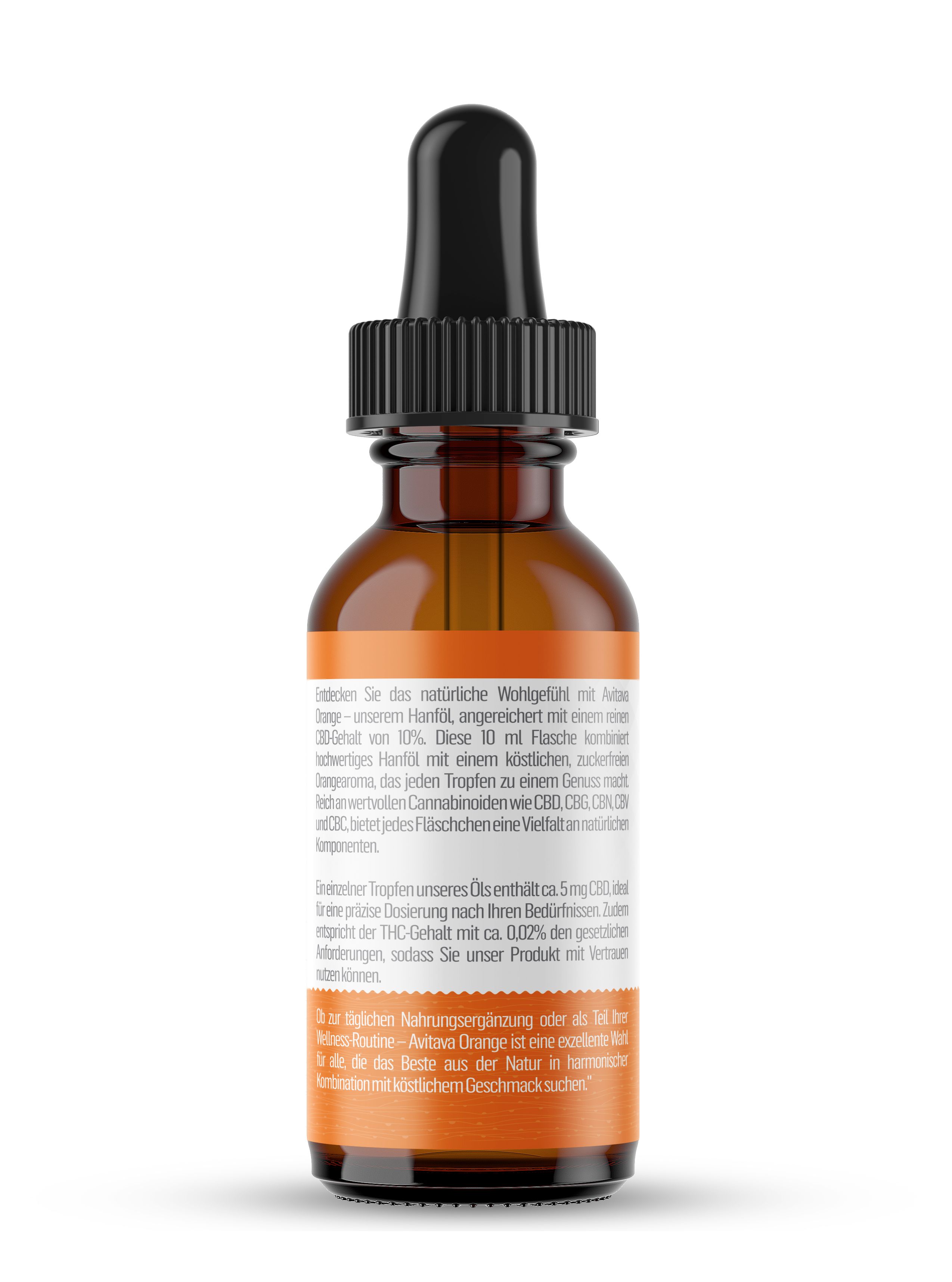 Braune Glasflasche mit schwarzem Tropfer. Etikett mit Text. Orangefarbener Hintergrund. CBD Öl.