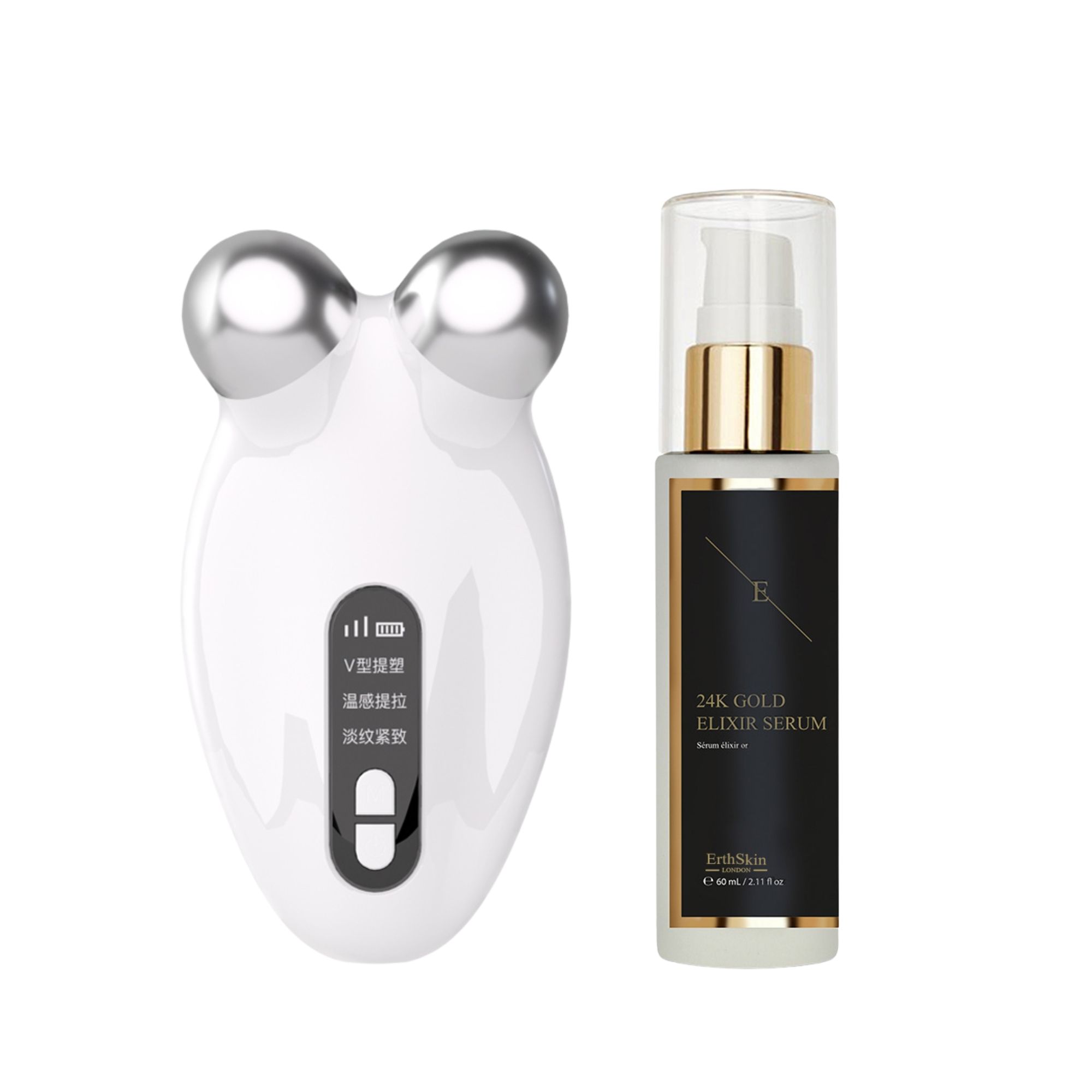 Weißes Gesichtsstraffungsgerät mit zwei silbernen Kugeln und einem Fläschchen 24K Gold Elixir Serum.