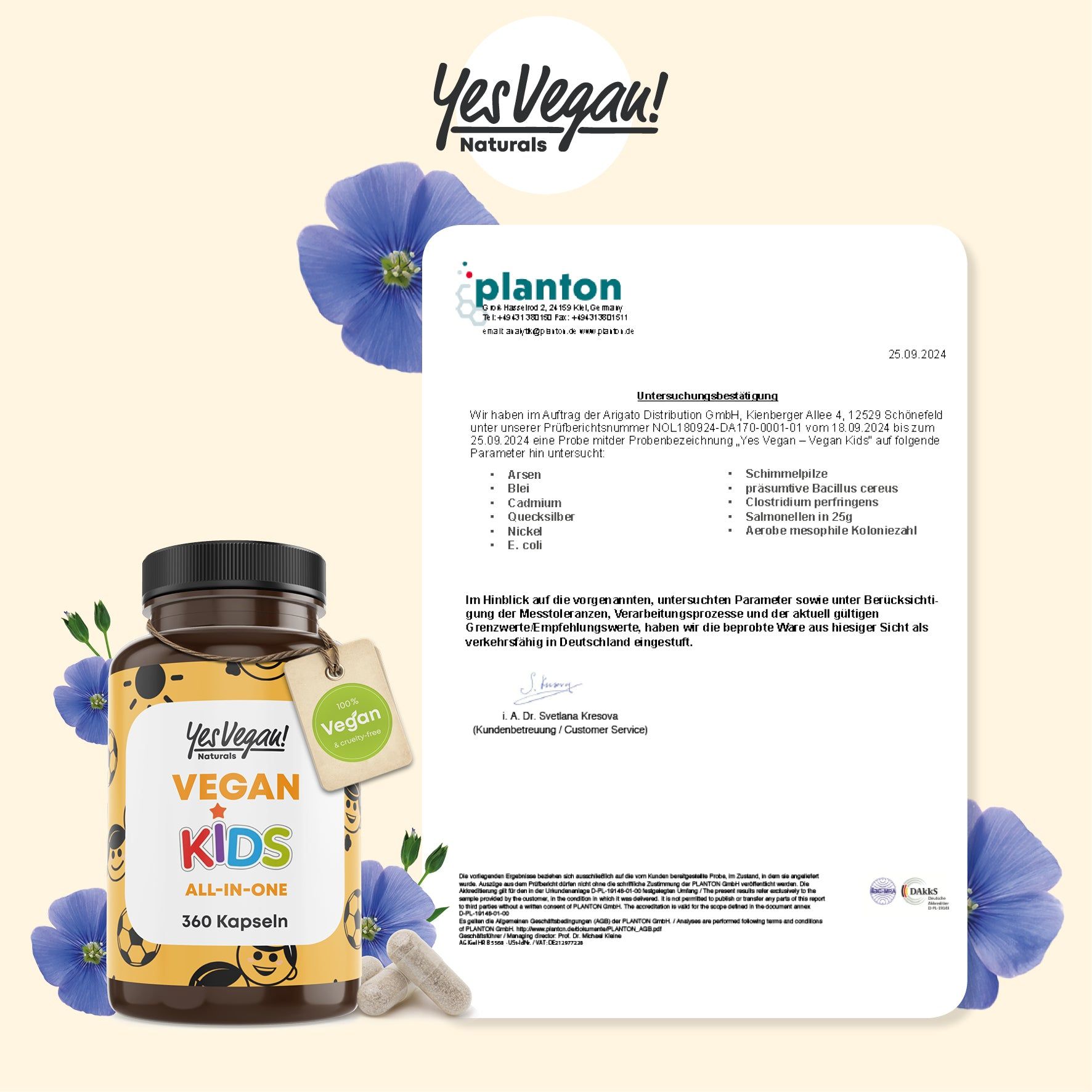 Flasche mit "Yes Vegan! VEGAN KIDS All-in-One" Kapseln, 360 Stück.