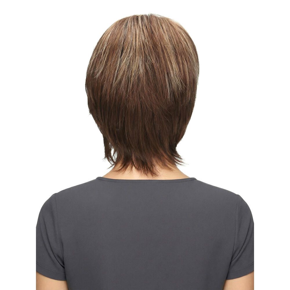 Perücke Enja von trendhair, braun mit blonden Strähnen, hintenansicht. Kurzer, gestufter Schnitt.