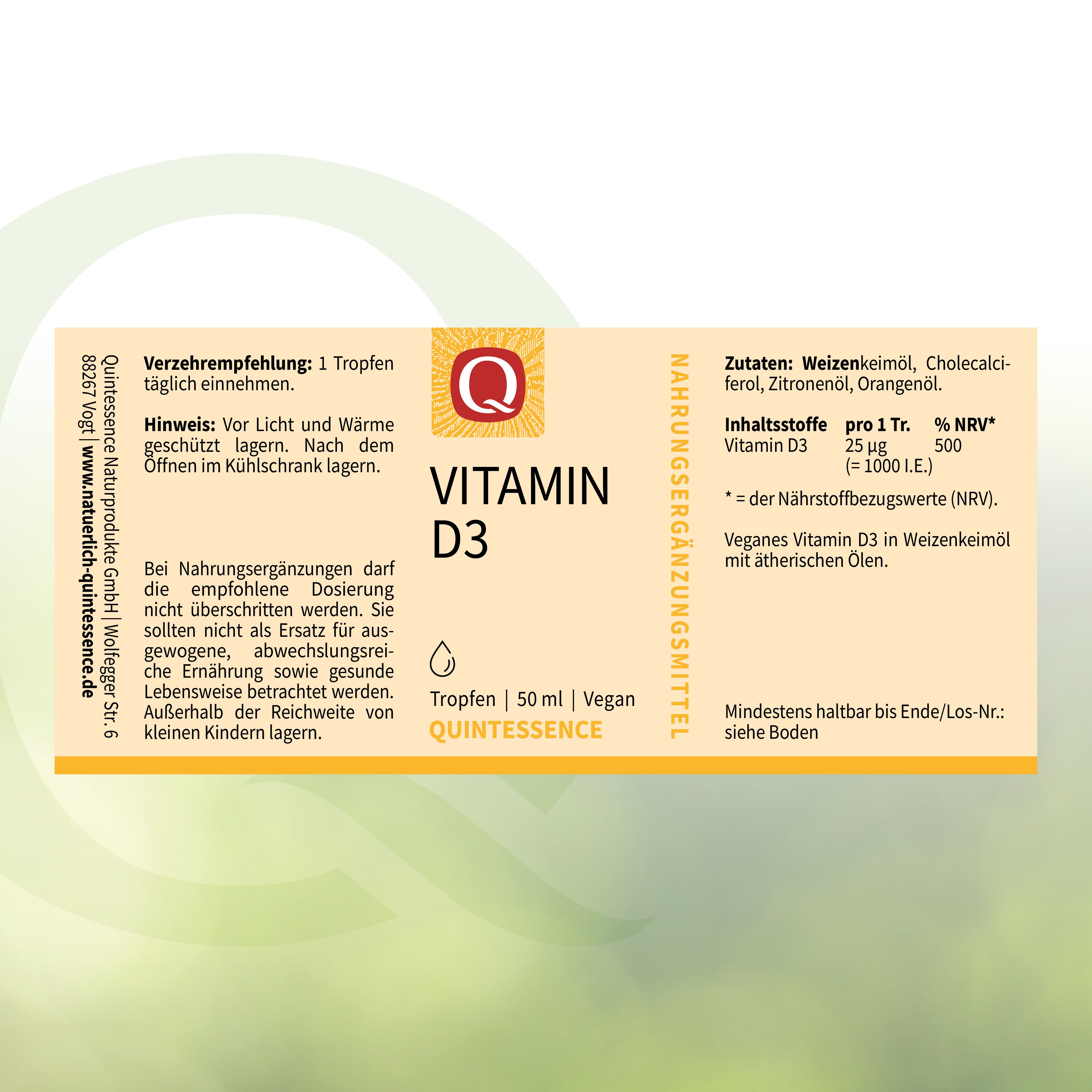 Etikett mit "Vitamin D3" und "Quintessence". Angaben zu Inhaltsstoffen und Dosierung.