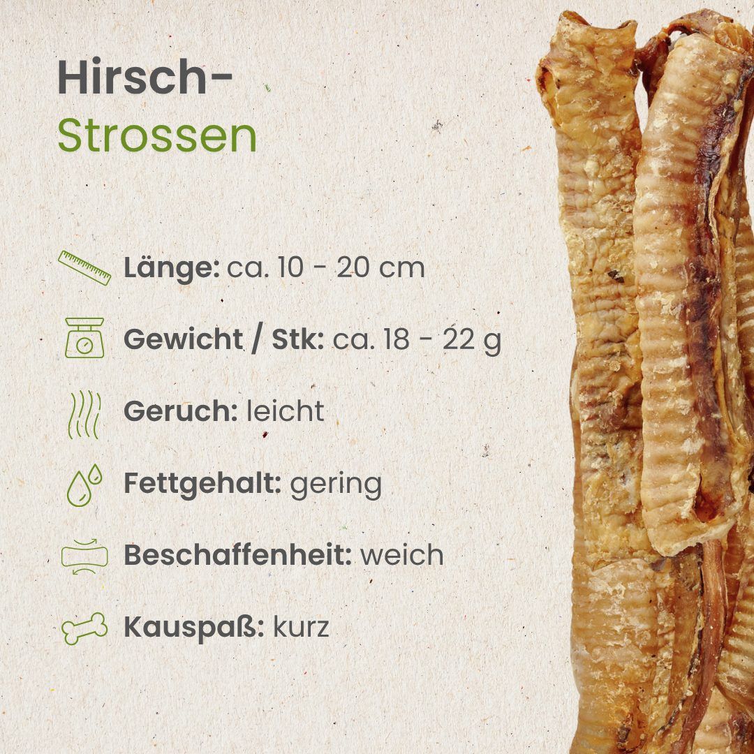 Hirsch-Strossen, 10-20 cm lang, 18-22 g schwer, weiche Beschaffenheit.
