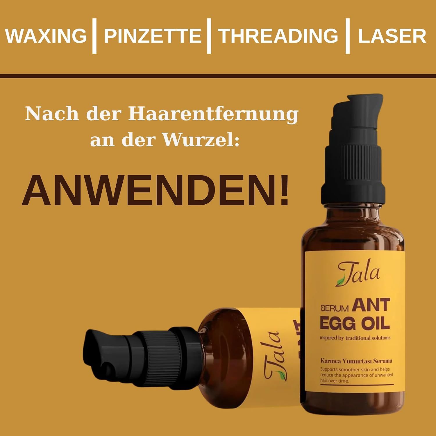 Zwei braune Serumflaschen, eine aufrecht, eine liegend. Gelbes Etikett mit "Tala SERUM ANT EGG OIL".