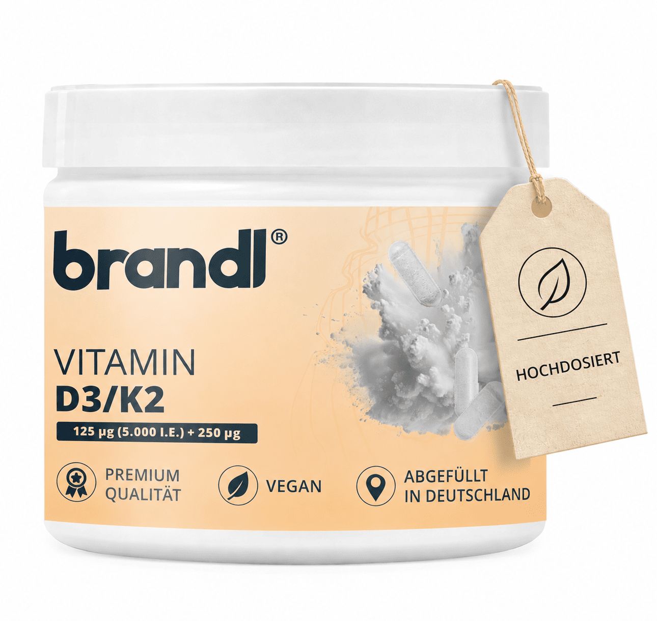 Brandl Vitamin D3/K2 Kapseln: Weißer Behälter mit Etikett, das Vitamin D3/K2, vegan und Premium Qualität zeigt.