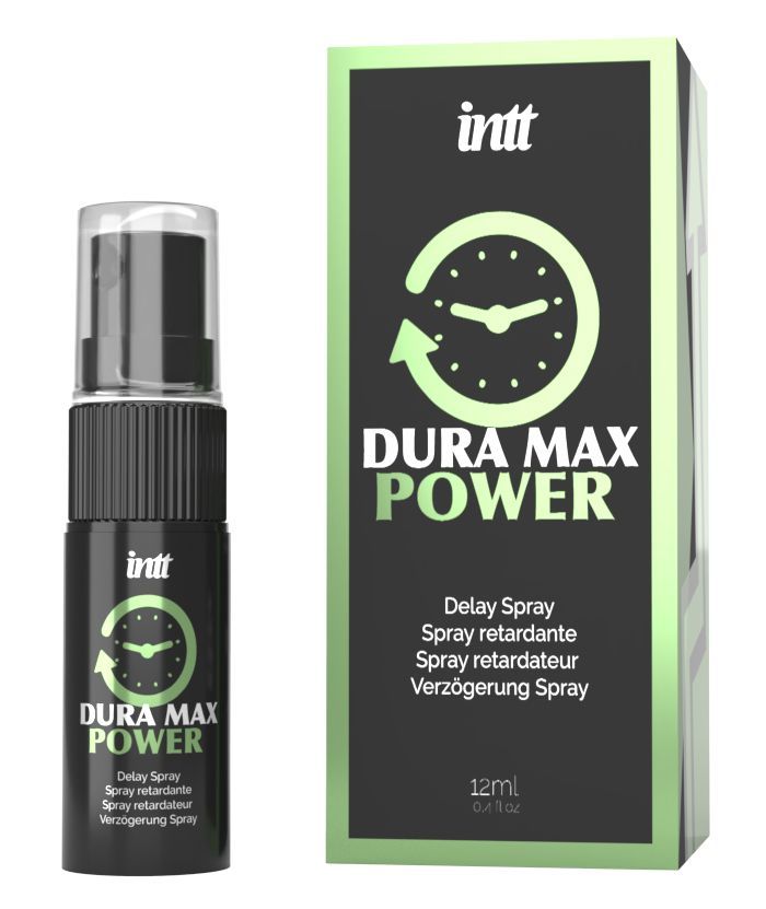 Schwarze Sprühflasche und Verpackung mit "Dura Max Power"-Logo, Uhr-Symbol und 12ml-Angabe.