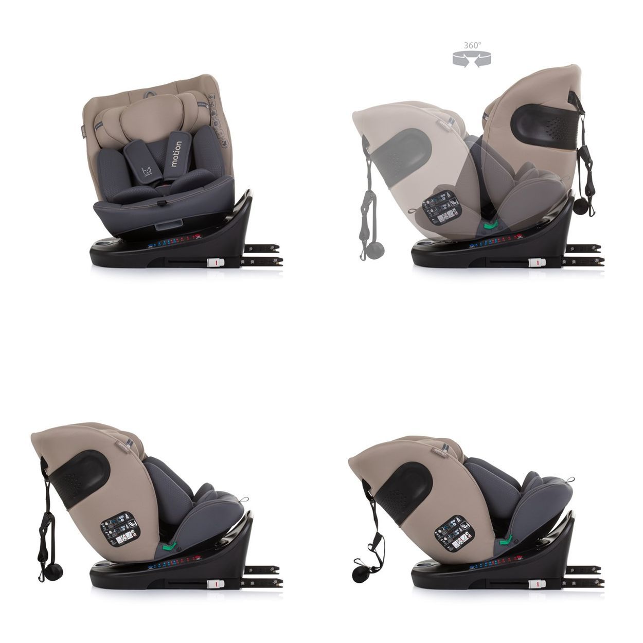 Beiger Kindersitz mit verstellbarer Kopfstütze und 5-Punkt-Gurt, Vorder- und Seitenansicht.