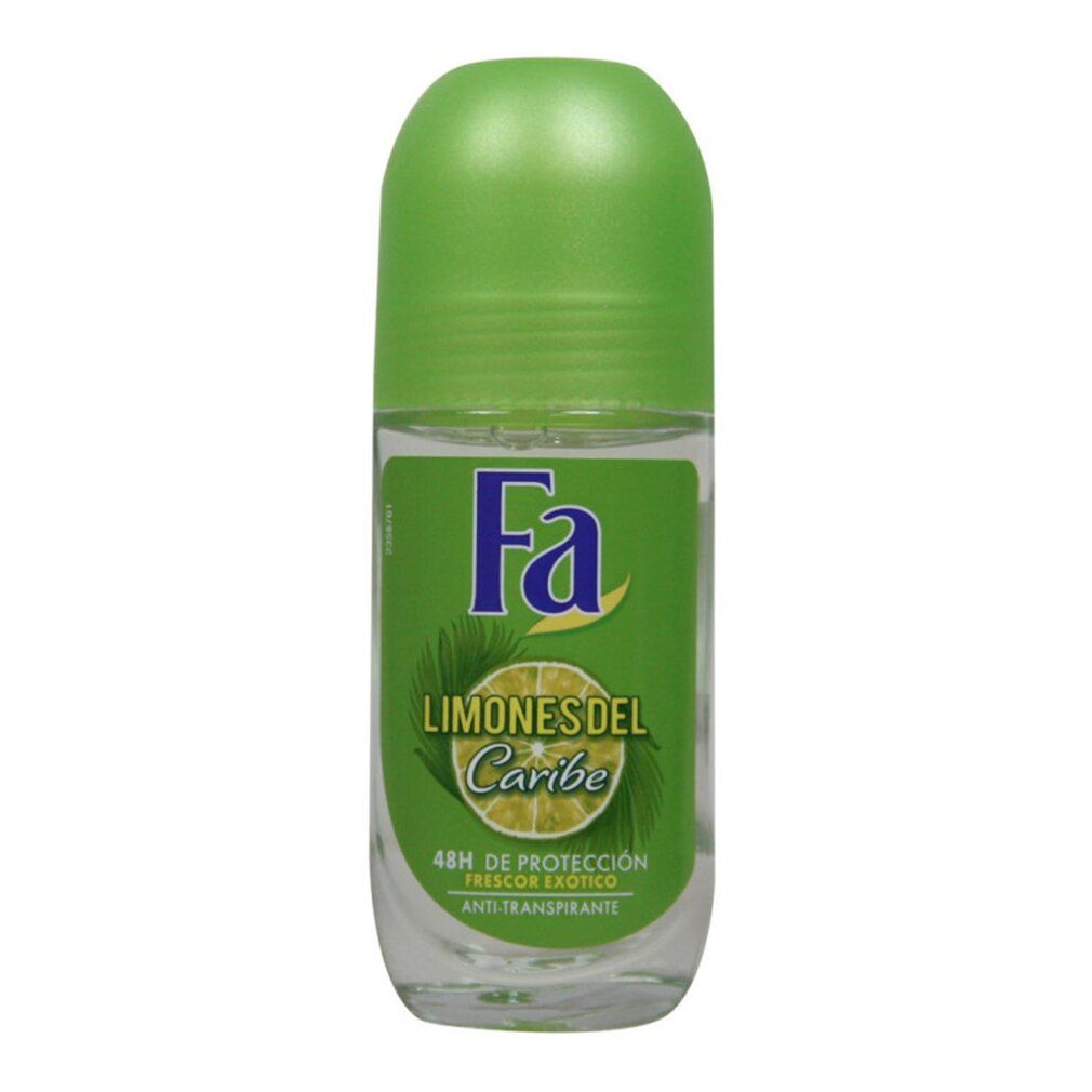 Deodorant-Roll-on mit grünem Deckel. Aufschrift "Fa" und "LIMONES DEL CARIBE". Abbildung einer Zitrone. "48h" und "ANTI-TRANSPIRANTE".