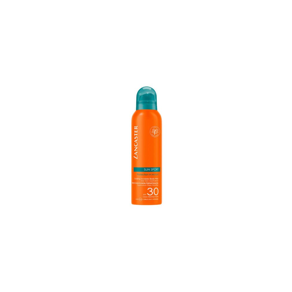 Orangefarbene Sprayflasche mit blauem Deckel. Text: Lancaster, Sun Sport, SPF 30. Vegan-Logo.