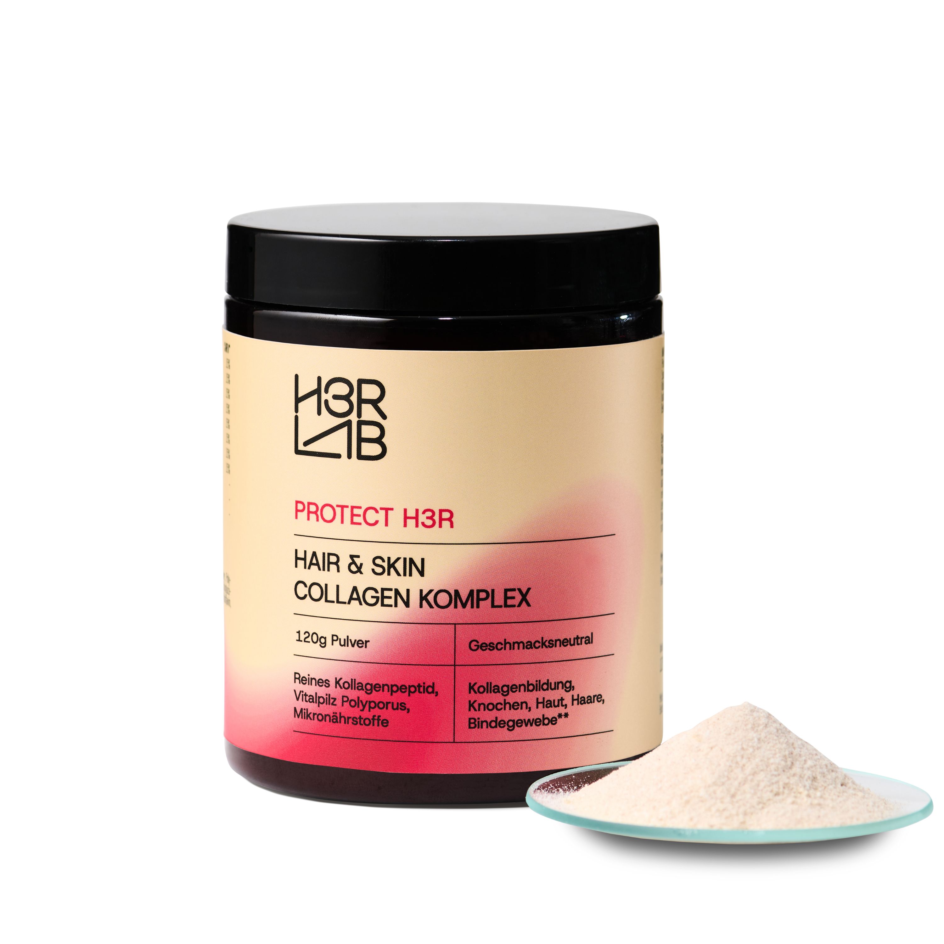 Braune Dose mit schwarzem Deckel. Aufschrift: H3R LAB Hair & Skin Kollagen Komplex. Daneben Pulver auf einem Teller. Text: 120g Pulver, geschmacksneutral.