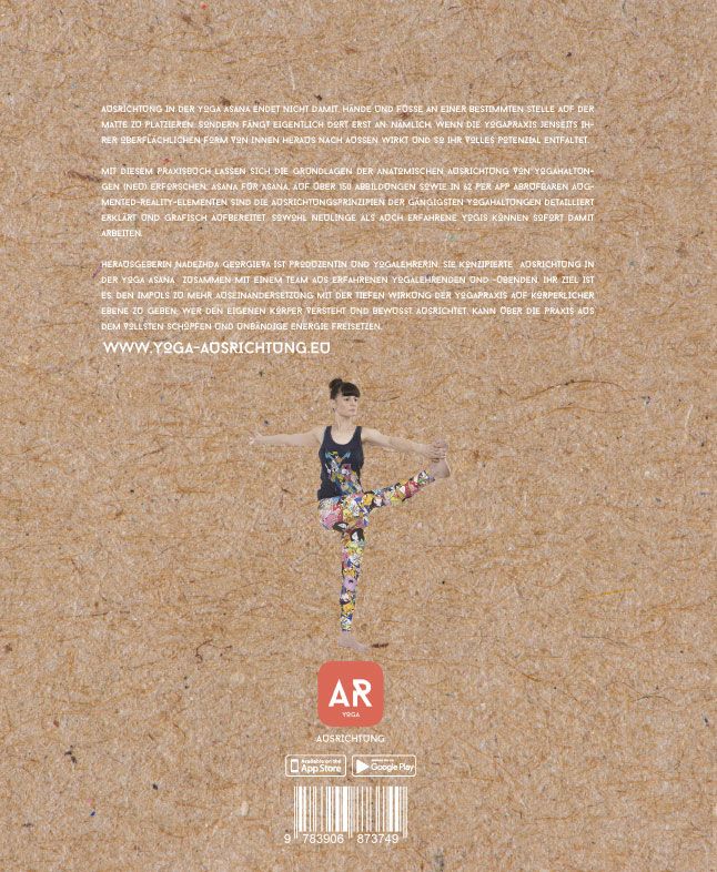 Rückseite des Buches "Ausrichtung in der Yoga Asana". Frau in Yoga-Pose, QR-Code, Logo "AR Ausrichtung".