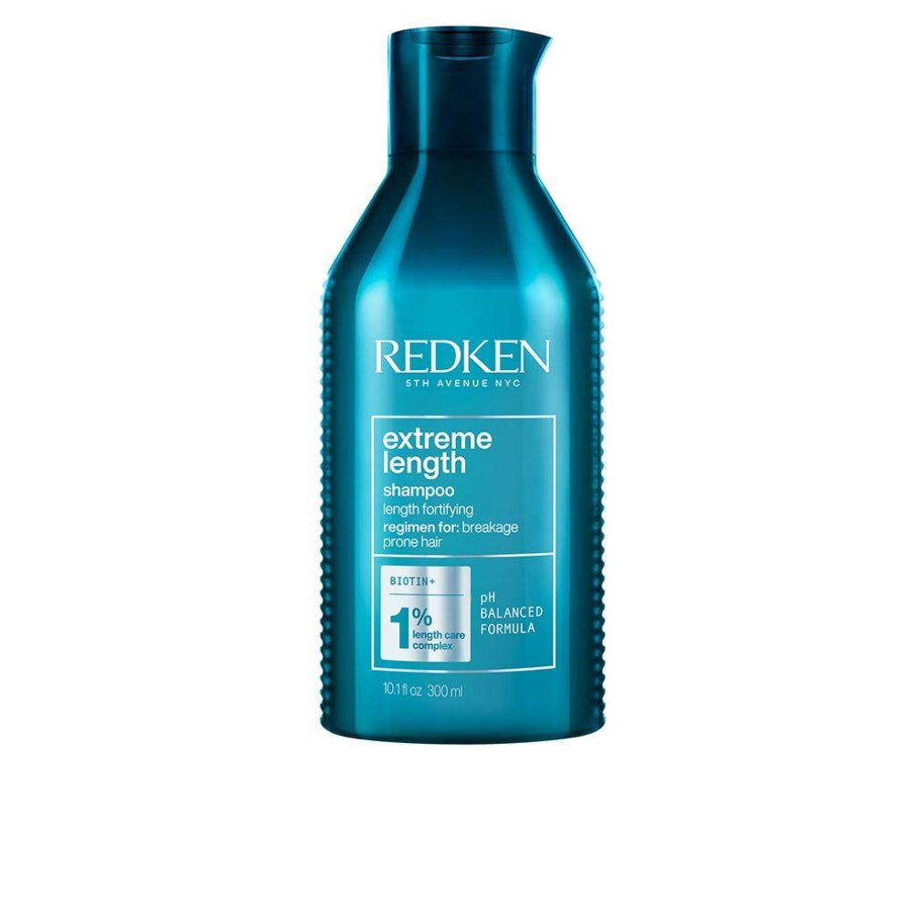 Blau-transparente Shampoo-Flasche. Aufschrift: Redken Extreme Length Shampoo. Mit pH-Wert-Angabe.